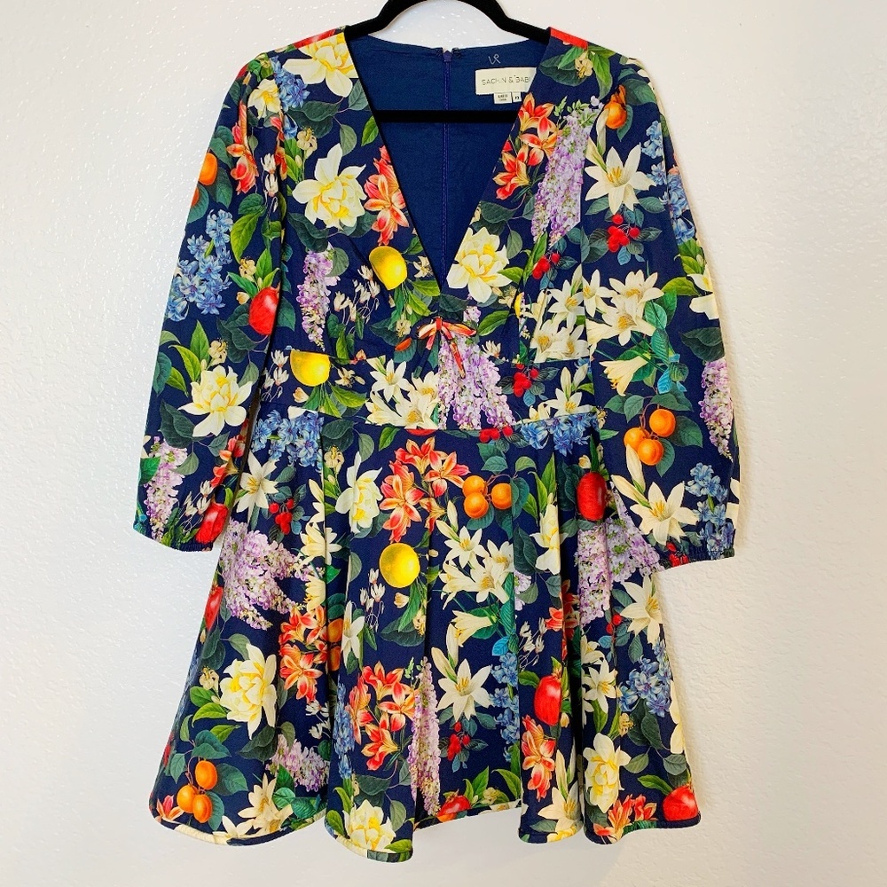 Sachin & Babi Fruit Floral Print Mini Dress Size 10 Blue Brunch Garden Party